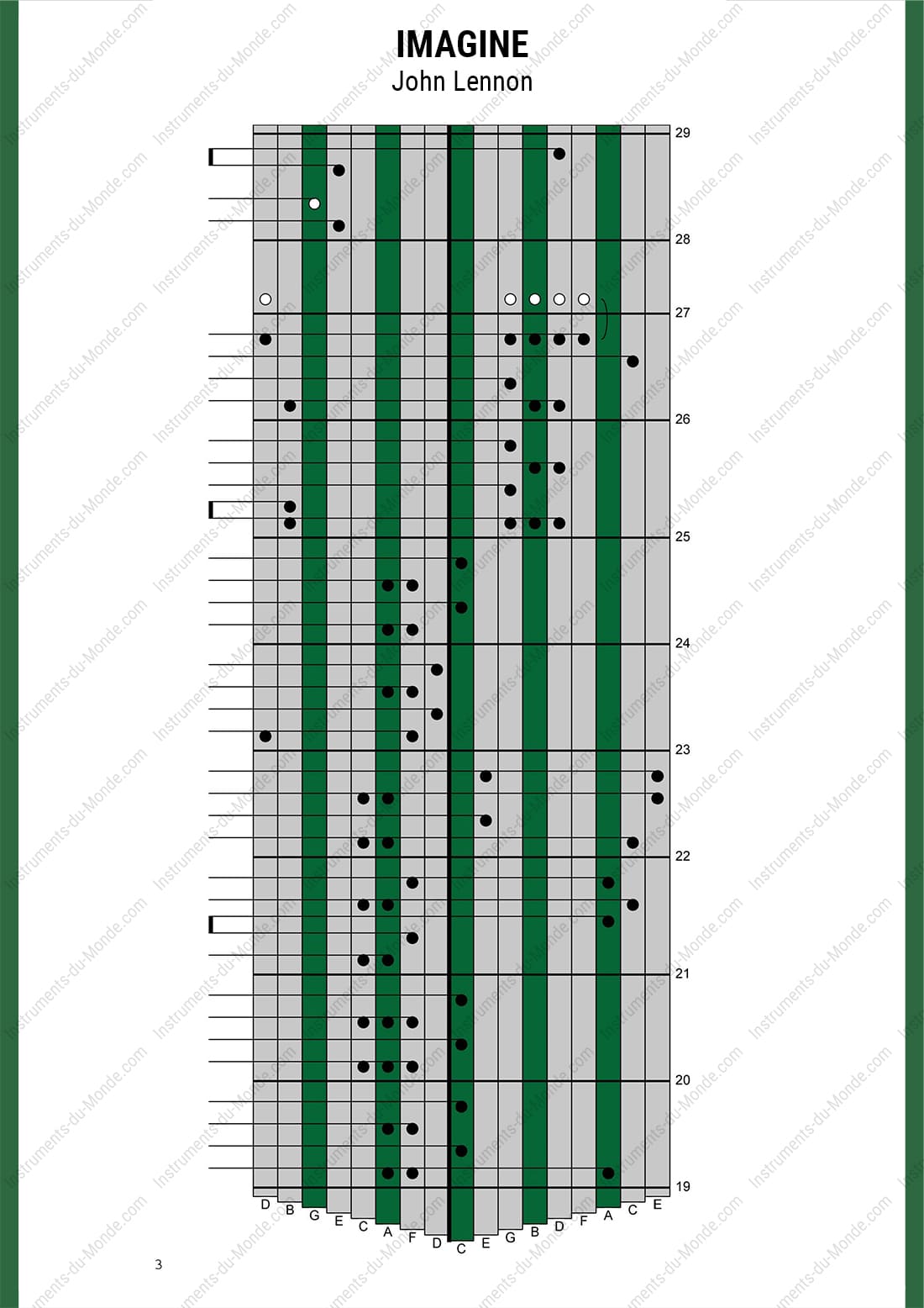 Kalimba tablature for the music Imagine by John Lennon, page 3