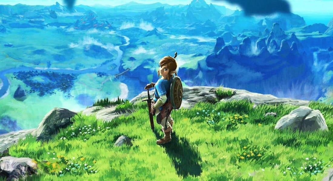 Link on a cliff overlooking Hyrule