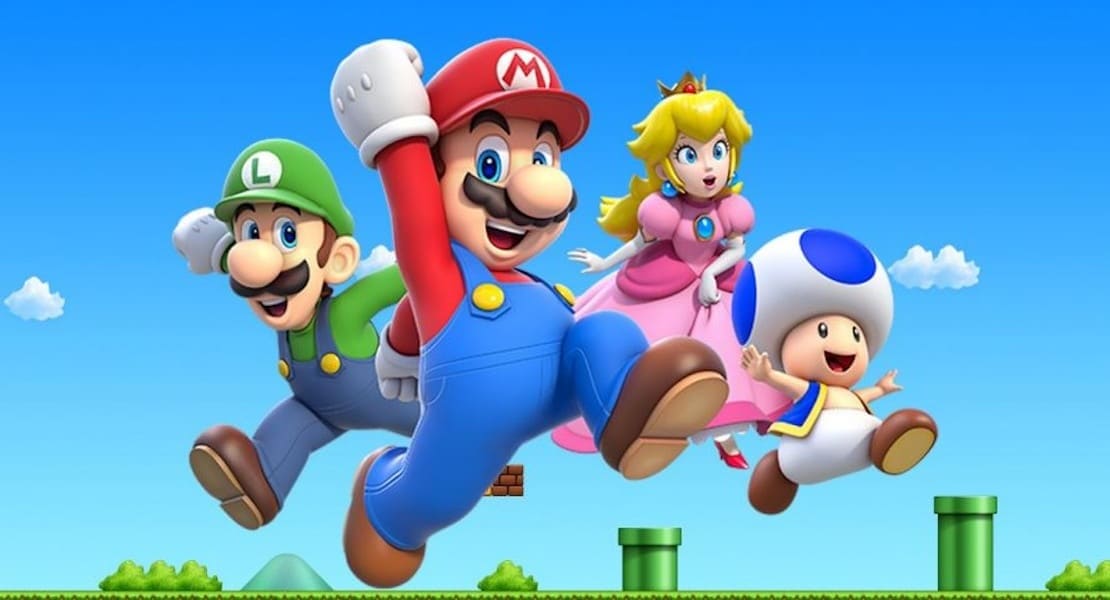 Mario, Luigi, Peach, and Toad jumping