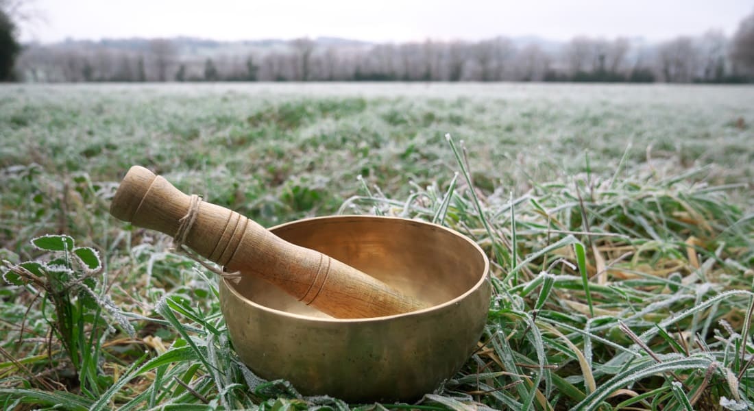 A metal Tibetan bowl placed on grass in winter