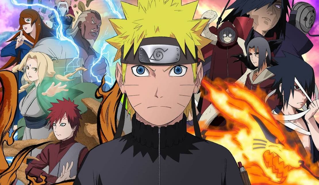 Naruto surrounded by his friends and enemies