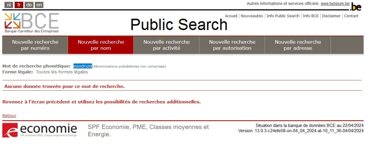 Negative search for the Hue Drum company on the official Belgian government site