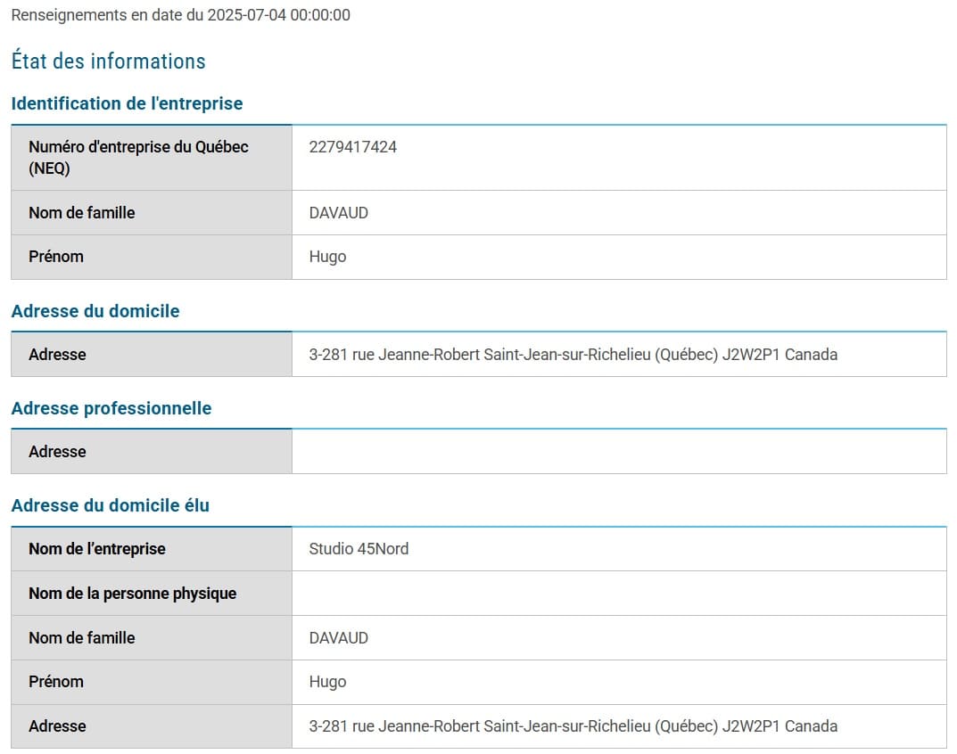 Excerpt from the Canadian business registry for Studio 45Nord
