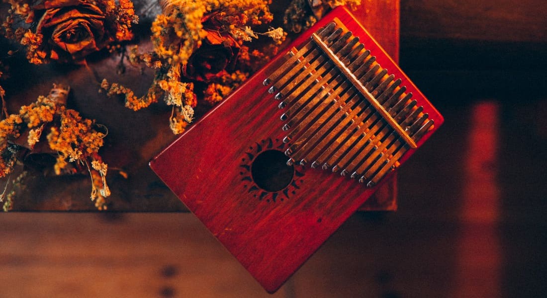 A red kalimba on a table