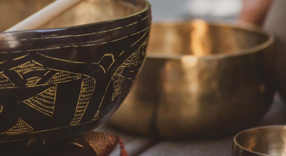 Several singing bowls close up