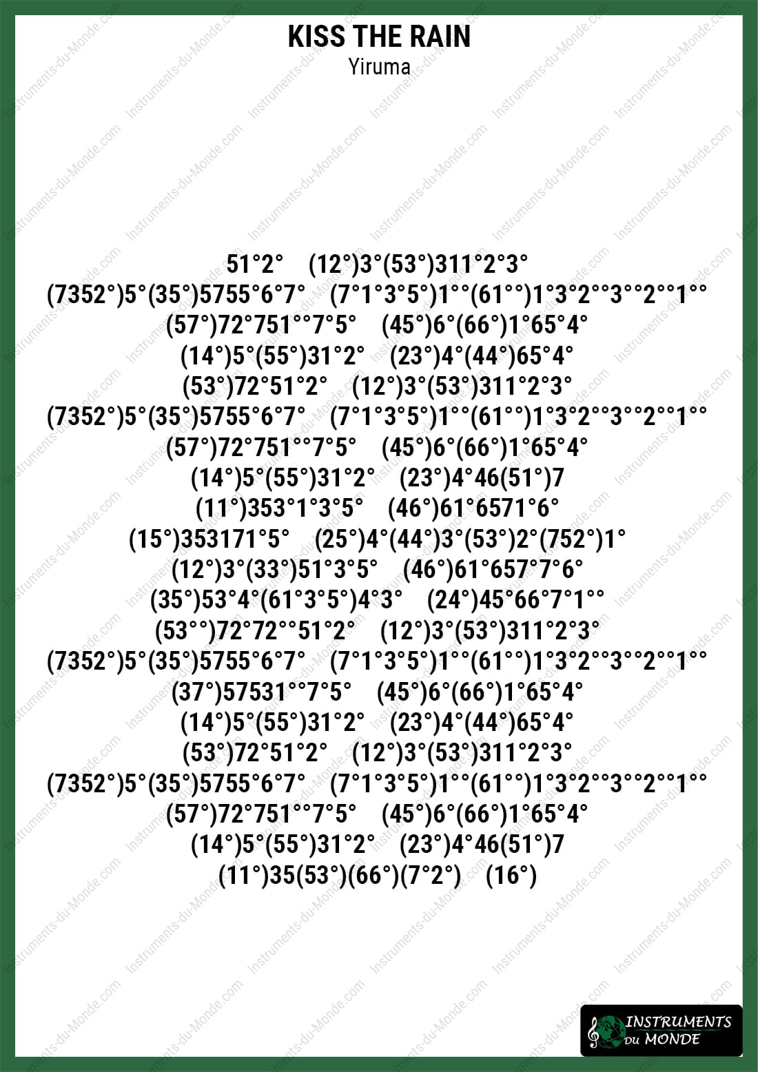Kalimba sheet music for Kiss the Rain by Yiruma, numbers