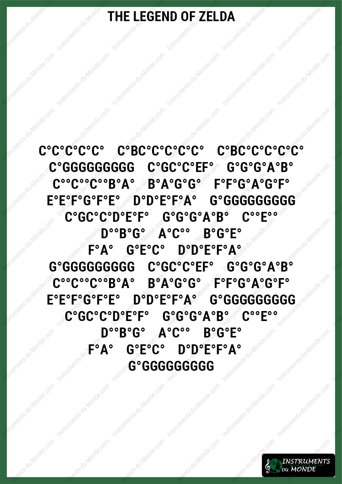 Lettered sheet music for the Zelda main theme on kalimba