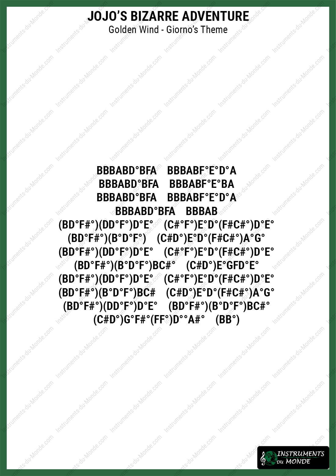 Kalimba sheet music for Jojo's Bizarre Adventure Golden Wind letters