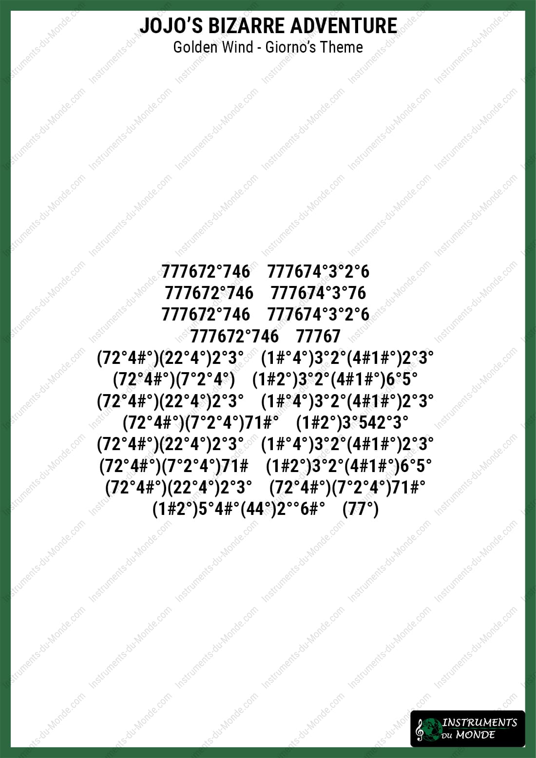 Kalimba sheet music for Jojo's Bizarre Adventure Golden Wind numbers