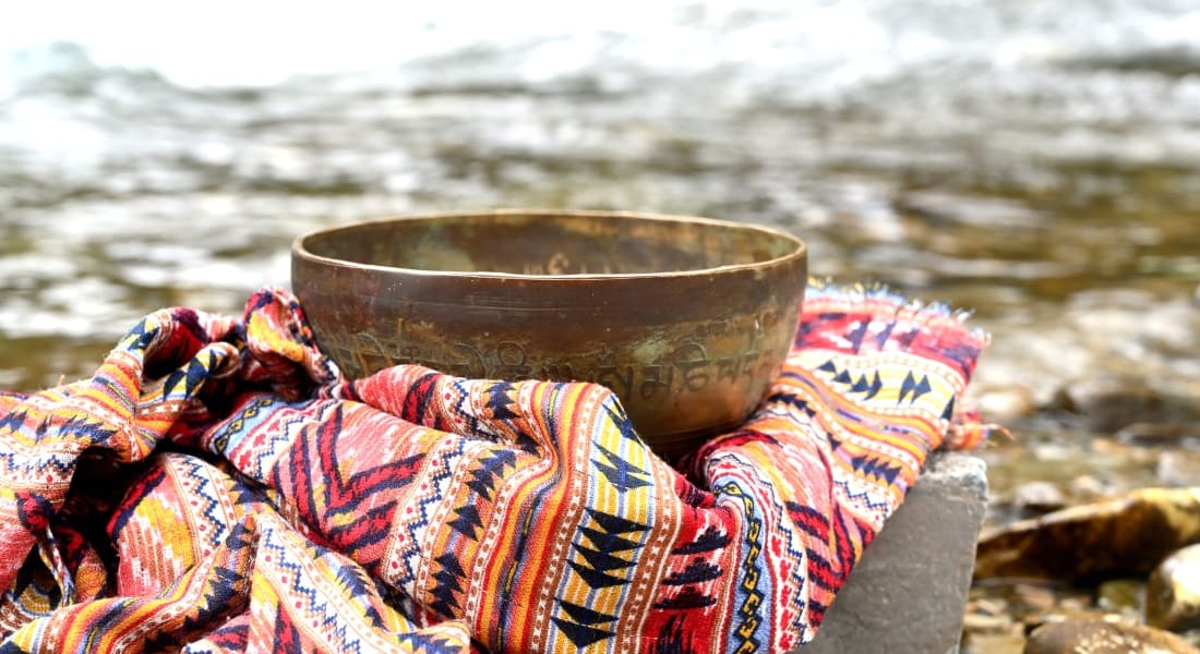 A singing bowl on a towel