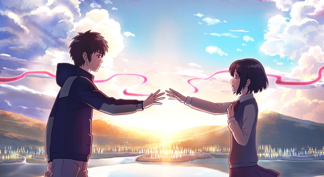 Taki and Mitsuha face to face, reaching for each other's hand