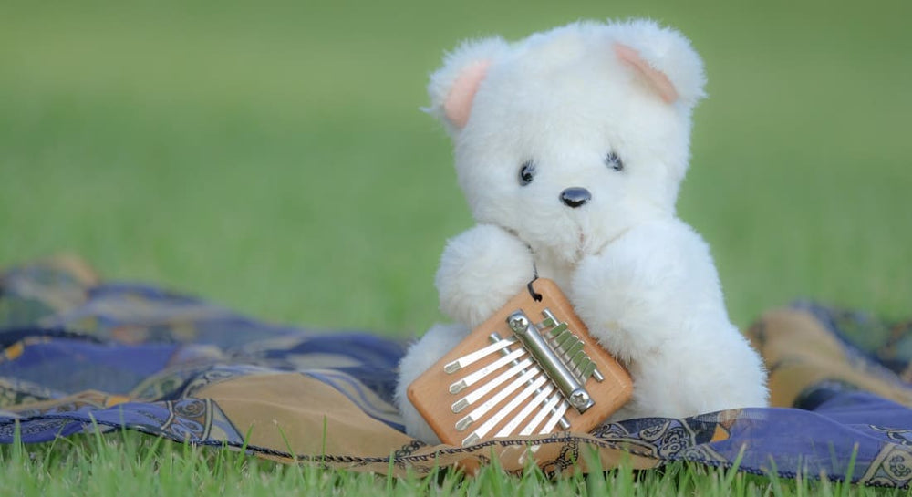 A teddy bear in the grass holding a kalimba between its paws