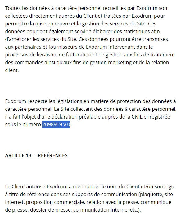 Excerpt from Exodrum’s terms and conditions mentioning CNIL