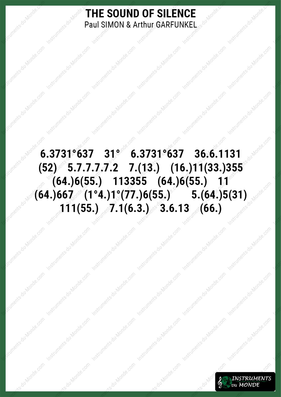 Tongue drum sheet music with numbers for Sound of Silence