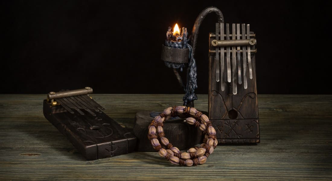 Two old handcrafted kalimbas on a table